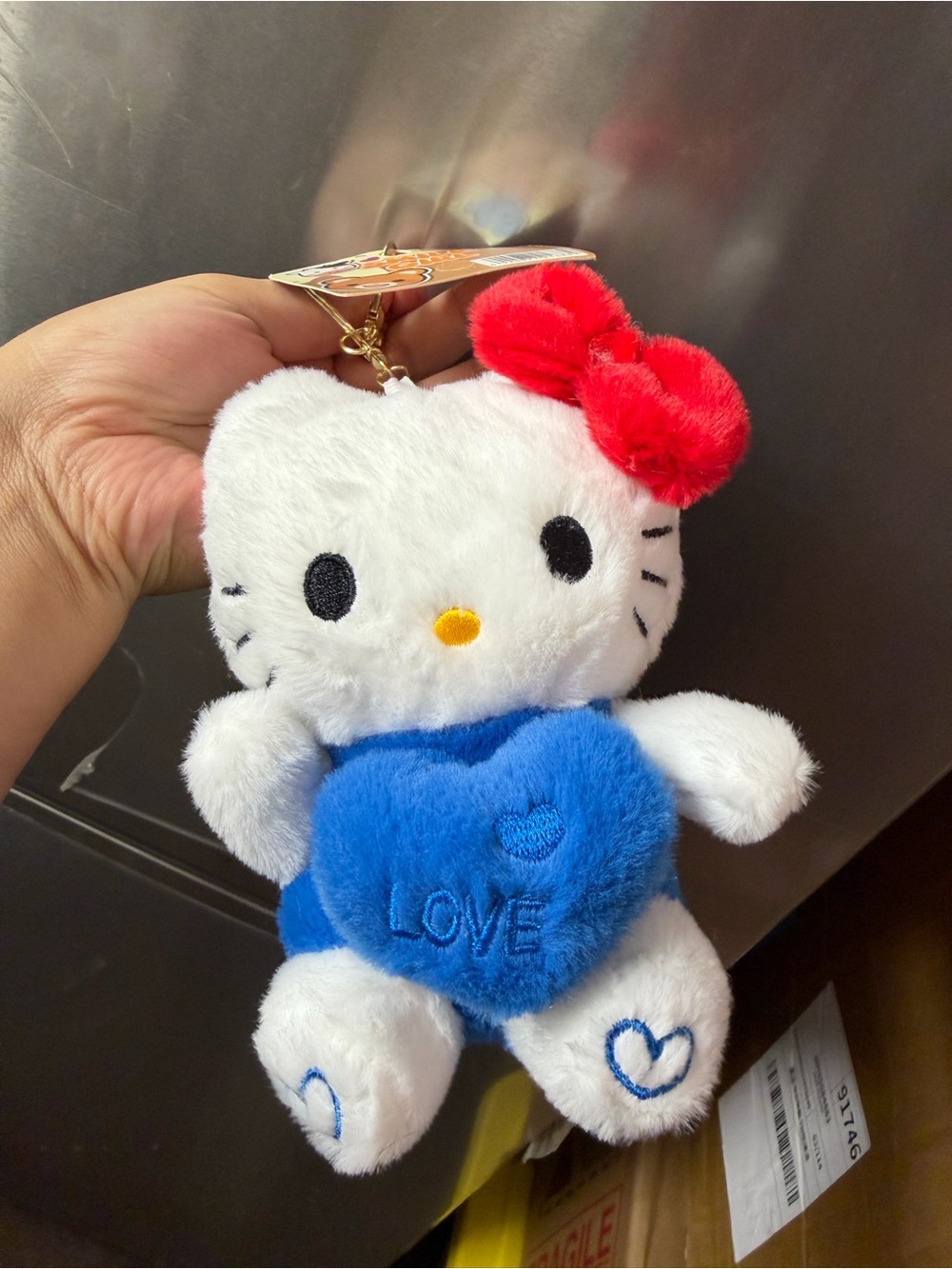 Hello Kitty Plush Keychain - White with Red Bow and Blue Heart